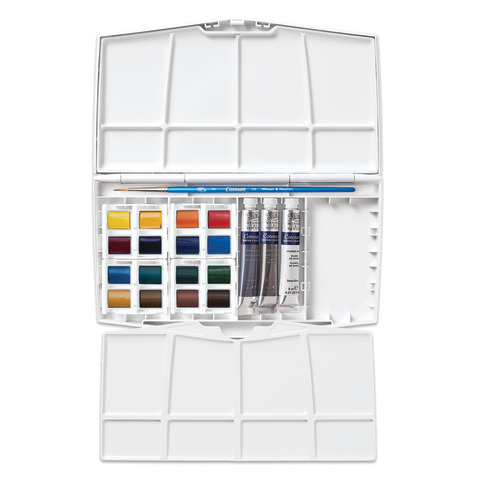 Set acquerelli  Winsor&Newton Cotman Painting Plus 16 mezzi godet + 3 tubetti tempere da 8 ml colori assortiti 0390375